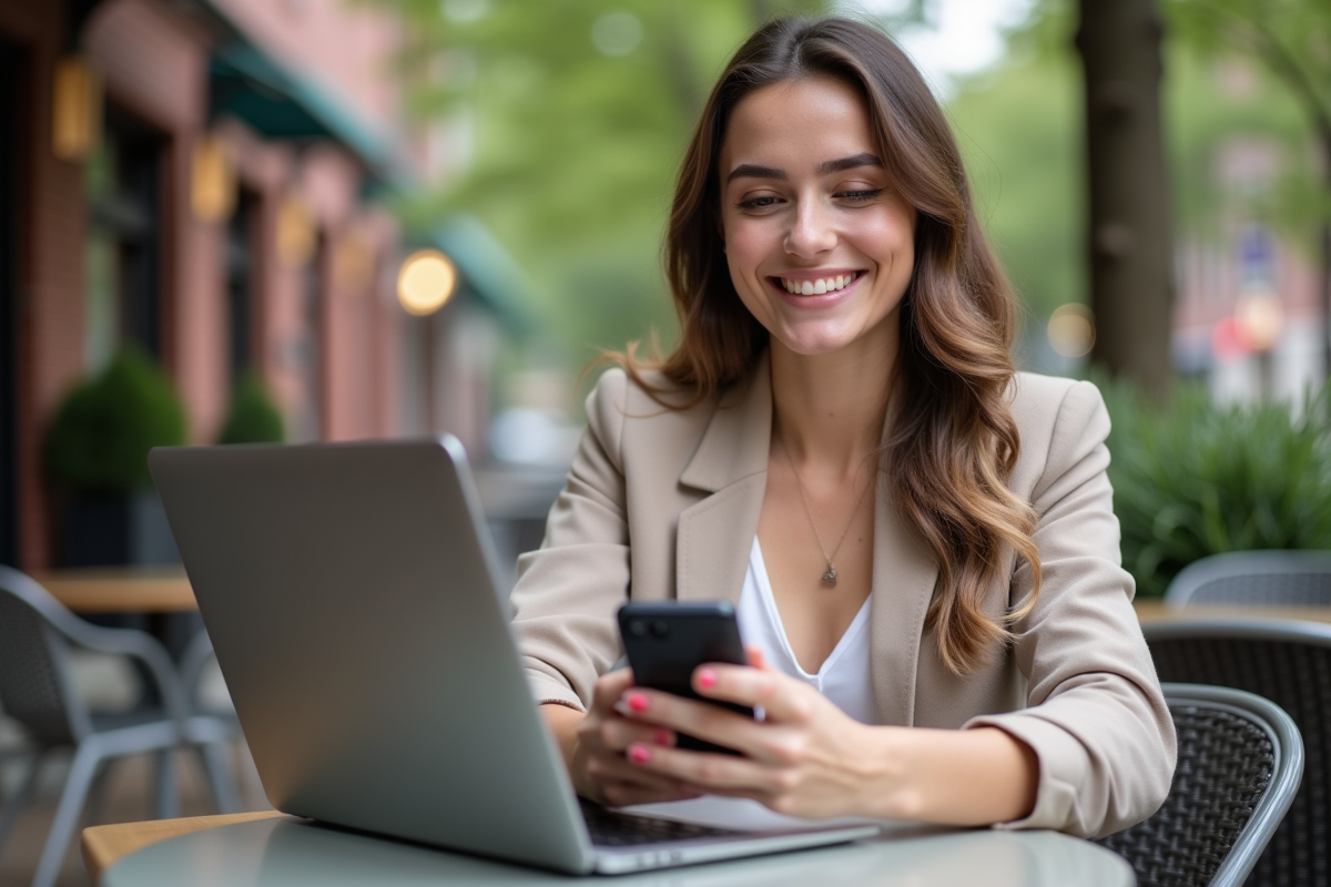 Jeune femme planifiant ses posts sur un café en ville