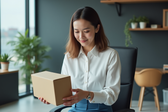 Jeune femme professionnelle déballant un gadget moderne