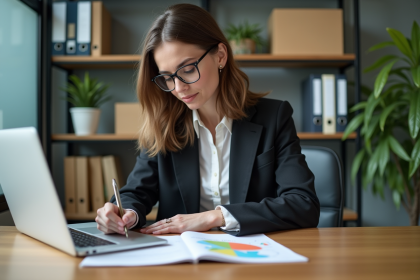 Femme concentrée en tenue professionnelle dans un bureau moderne