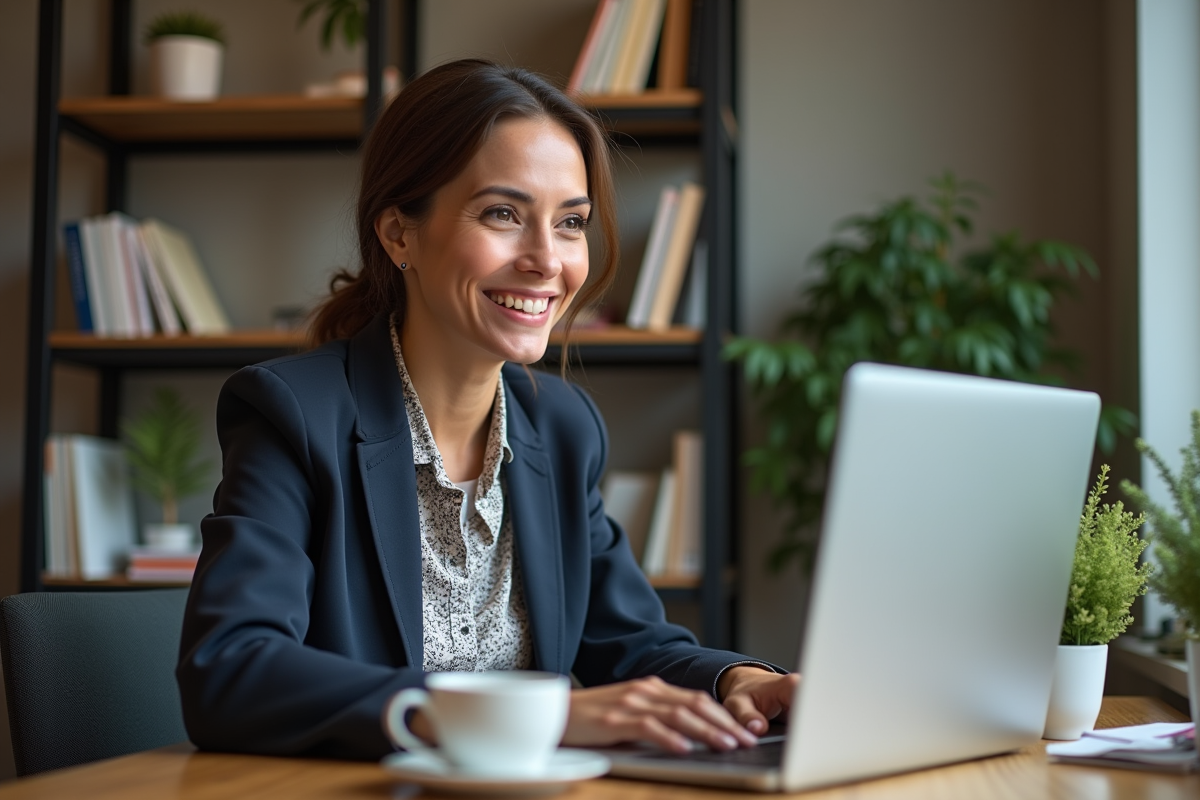 Femme souriante participant à une visioconference à domicile