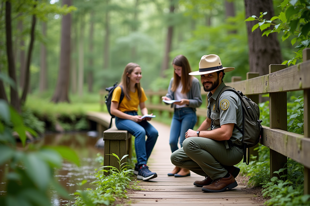 Jeune garde forestier montrant des plantes aux élèves