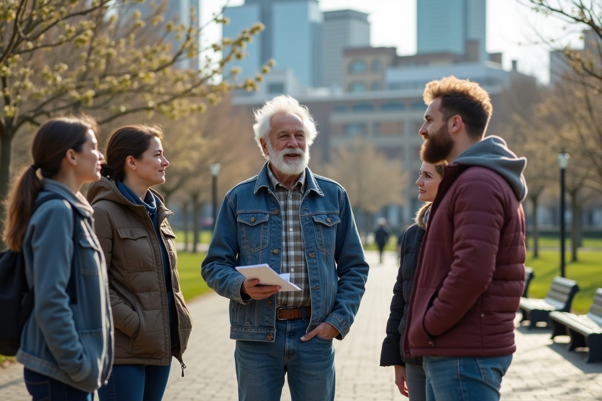 Groupe divers en coaching dans un parc urbain en plein air