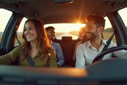 Groupe de personnes dans une voiture moderne en voyage