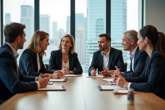 Groupe de professionnels en réunion dans un bureau moderne