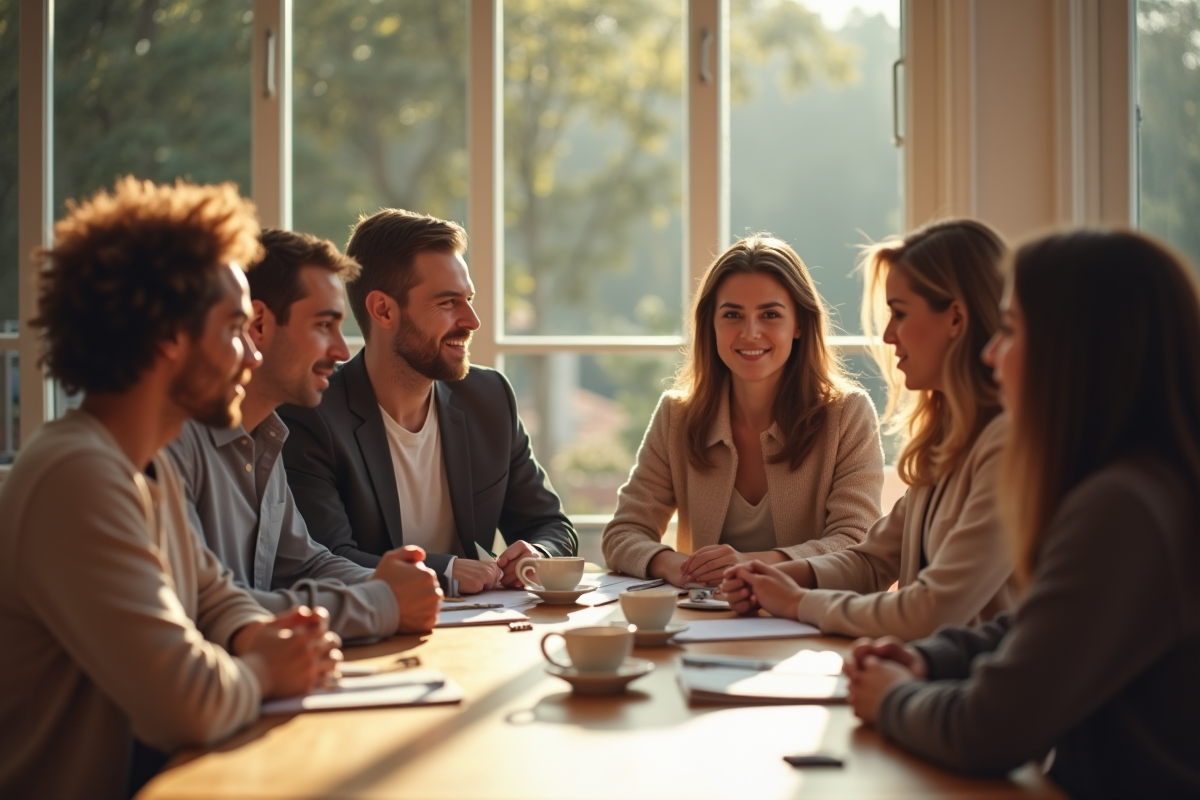 Groupe de personnes diverses discutant autour d'une table ensoleillee