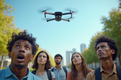 Groupe divers regardant le drone dans un parc urbain ensoleille