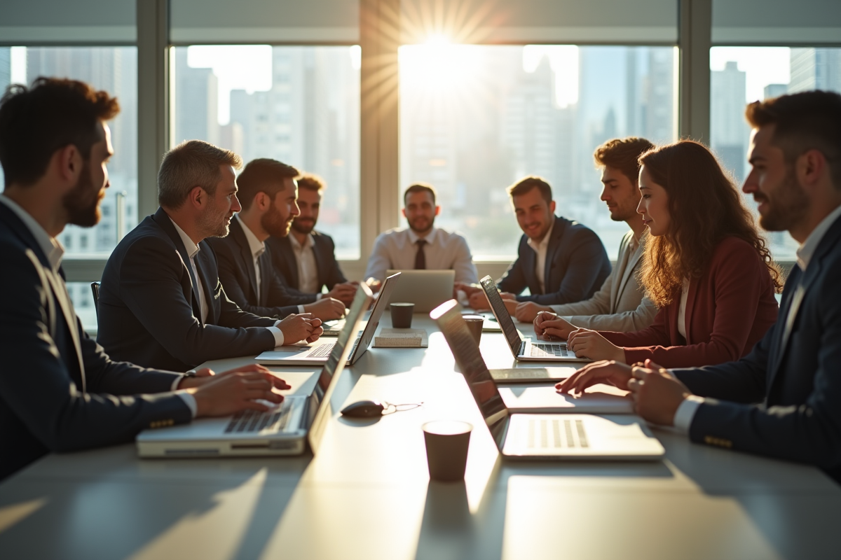 Groupe de professionnels collaborant dans un bureau lumineux