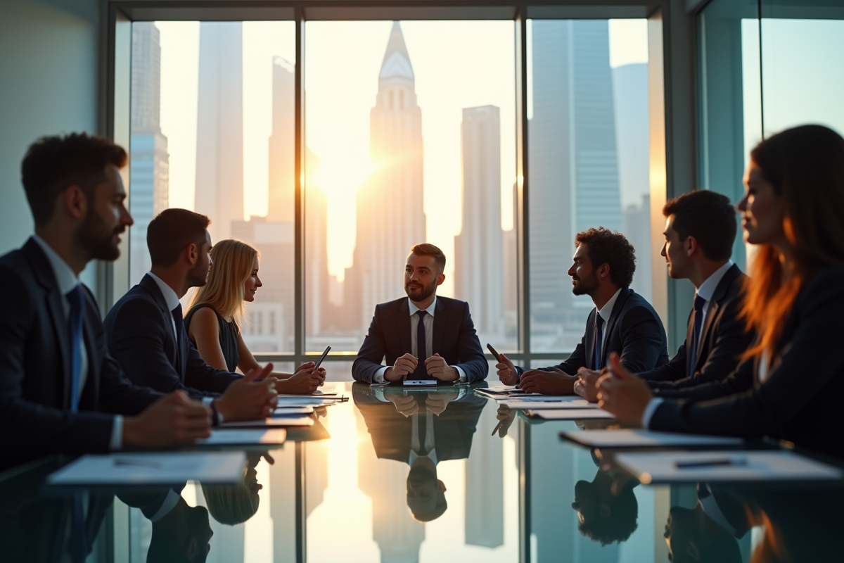 Groupe de professionnels en réunion avec vue sur la ville