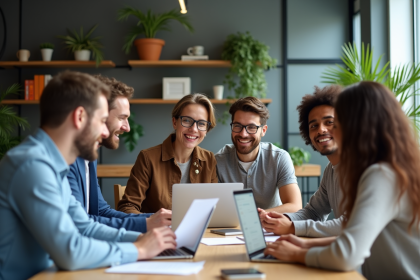 Groupe de jeunes professionnels en réunion dans un espace coworking