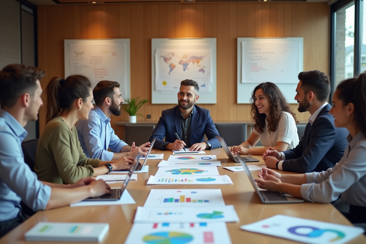 Groupe de professionnels en réunion discussion dynamique