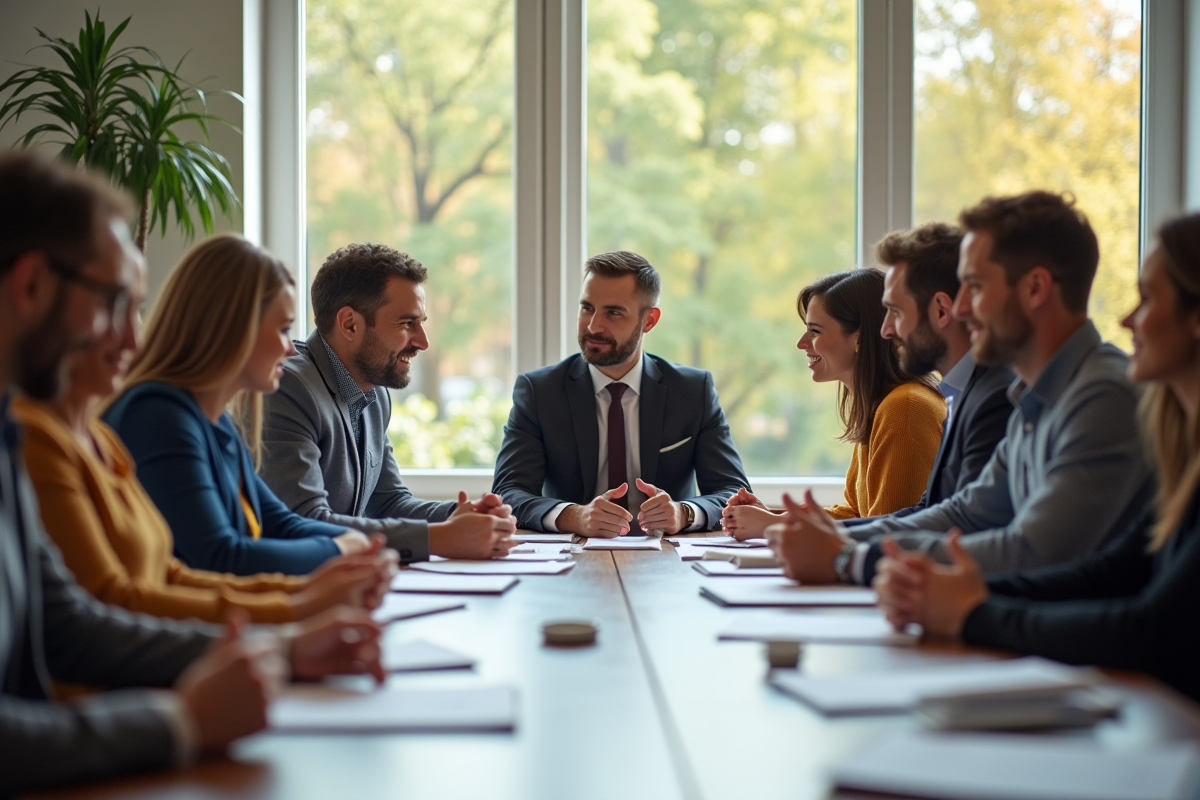 Groupe diversifié en réunion dans un bureau lumineux