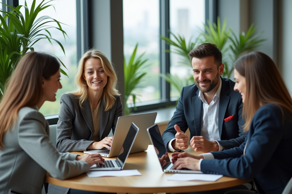 Groupe de quatre adultes en réunion de travail en bureau moderne