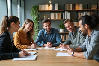 Groupe d'adultes en réunion de travail en bureau moderne