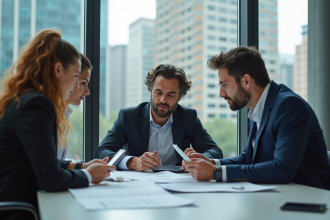 Groupe de trois adultes collaborant dans un bureau moderne