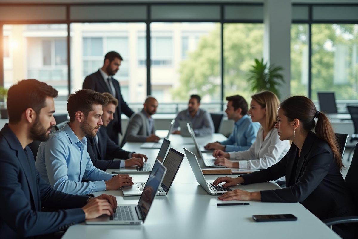 Groupe de travailleurs isolés dans un bureau moderne lumineux