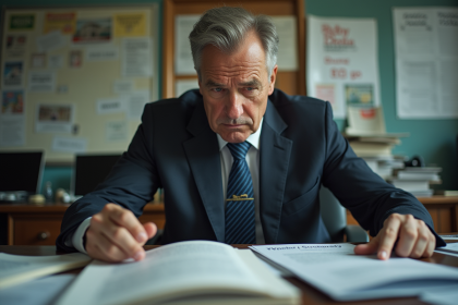 Homme d affaires nerveux avec flyers dans un bureau ancien