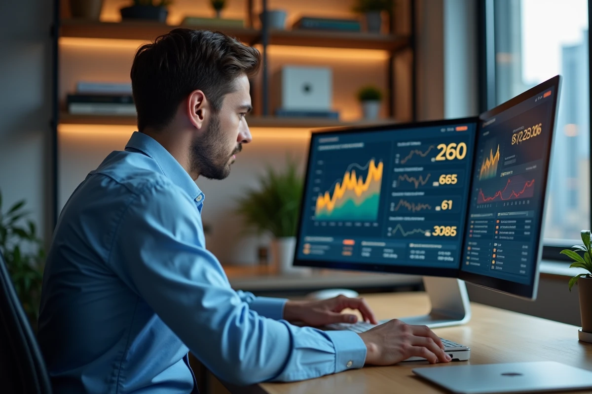 Homme concentré analysant graphiques sur grand écran dans son espace de travail