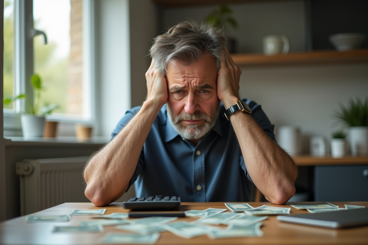 Homme inquiet assis à la cuisine avec factures et calculatrice