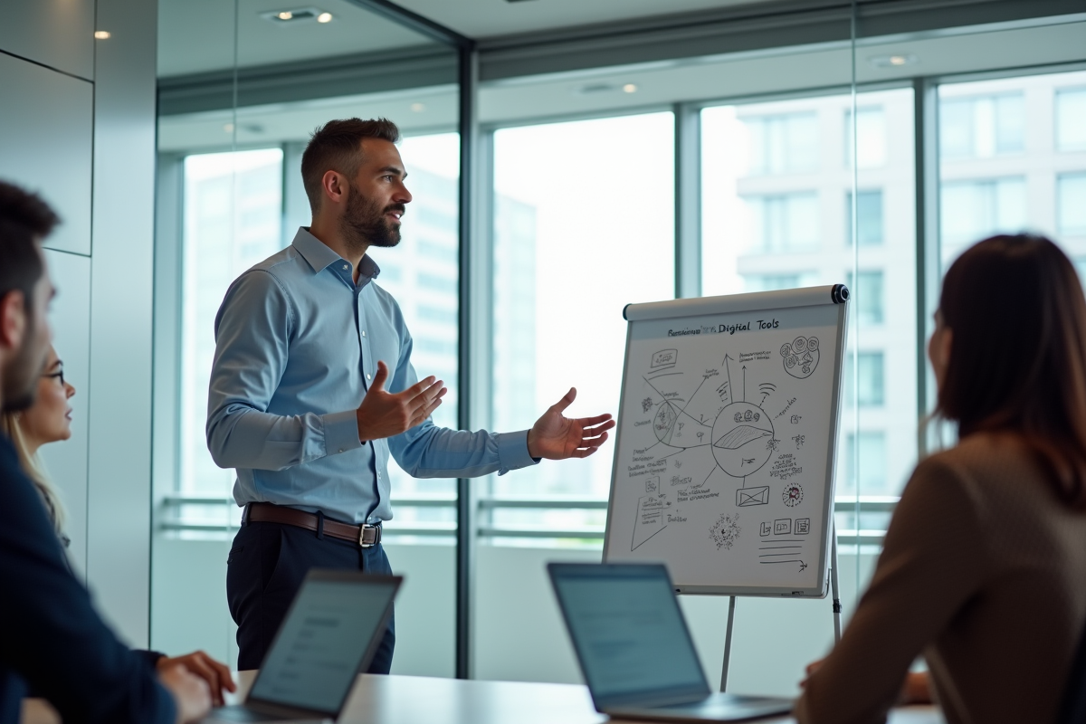 Homme marketing expliquant une stratégie devant un tableau blanc