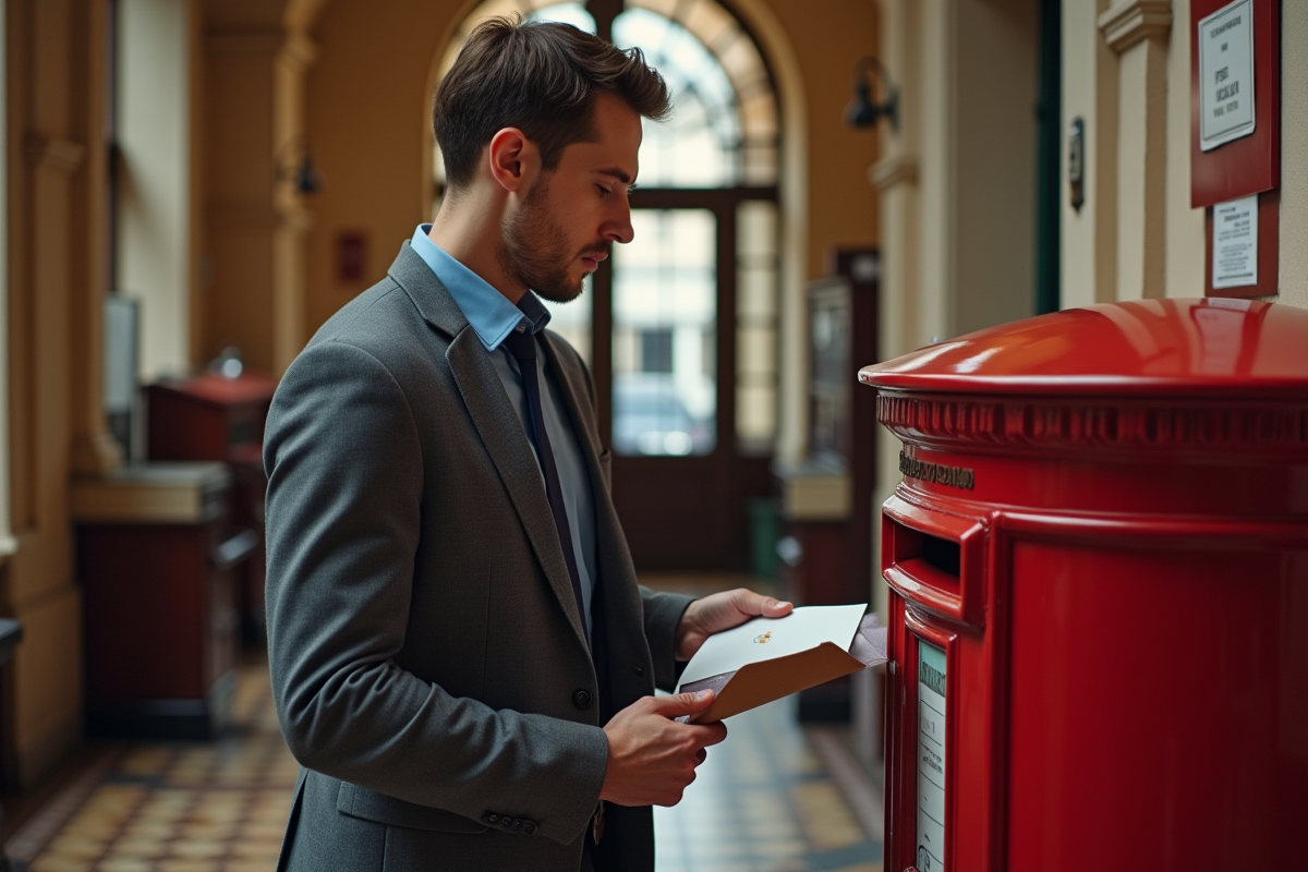 Jeune homme postant une lettre dans une boîte aux lettres