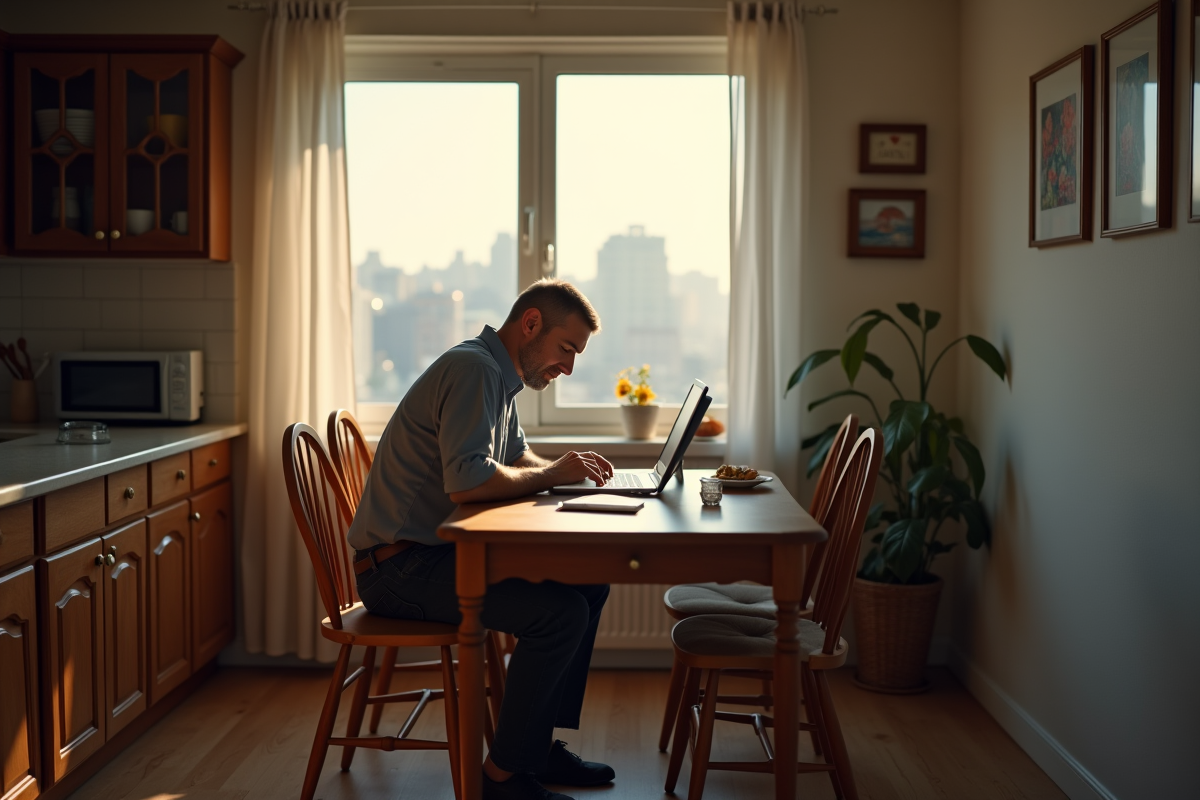 Homme travaillant seul à la maison avec vue sur la ville