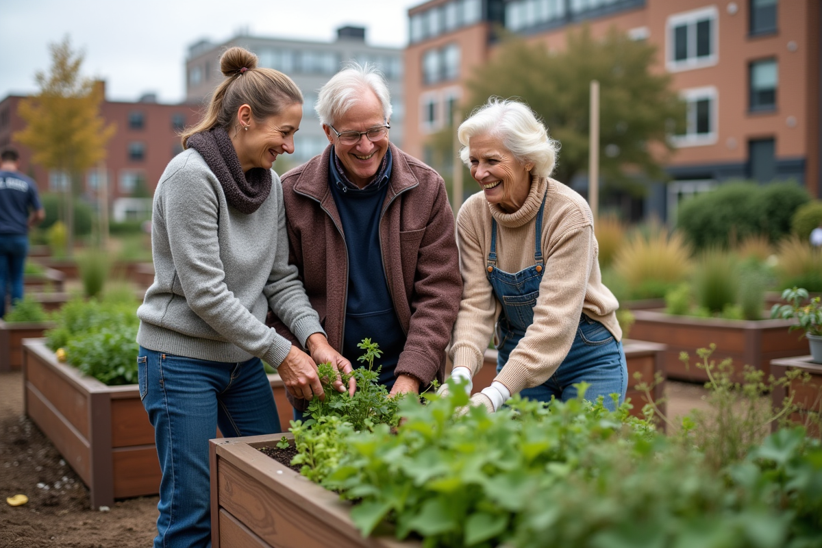 Trois personnes dans un jardin communautaire partageant un moment convivial