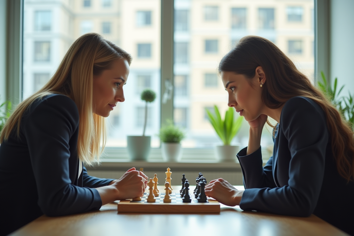 Homme et femme concentrés jouant aux échecs en bureau
