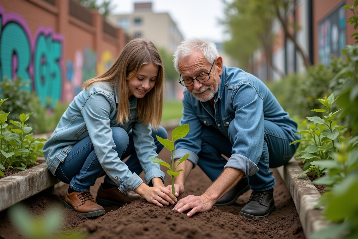 Jeune fille et homme âgé plantant des arbres dans un jardin urbain