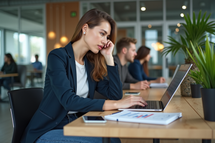 Jeune femme professionnelle analysant des données dans un bureau moderne