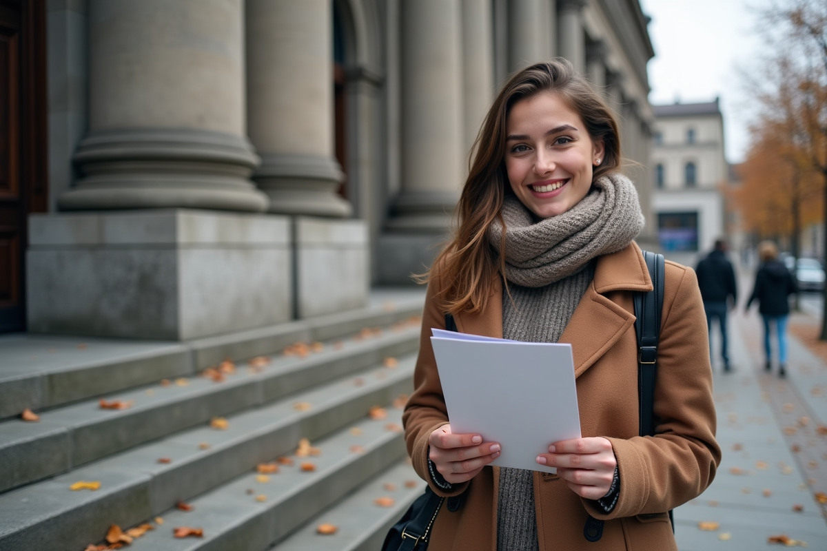 Jeune femme souriante avec brochure devant bâtiment montréal