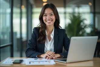 Jeune femme souriante en bureau moderne avec ordinateur et graphiques