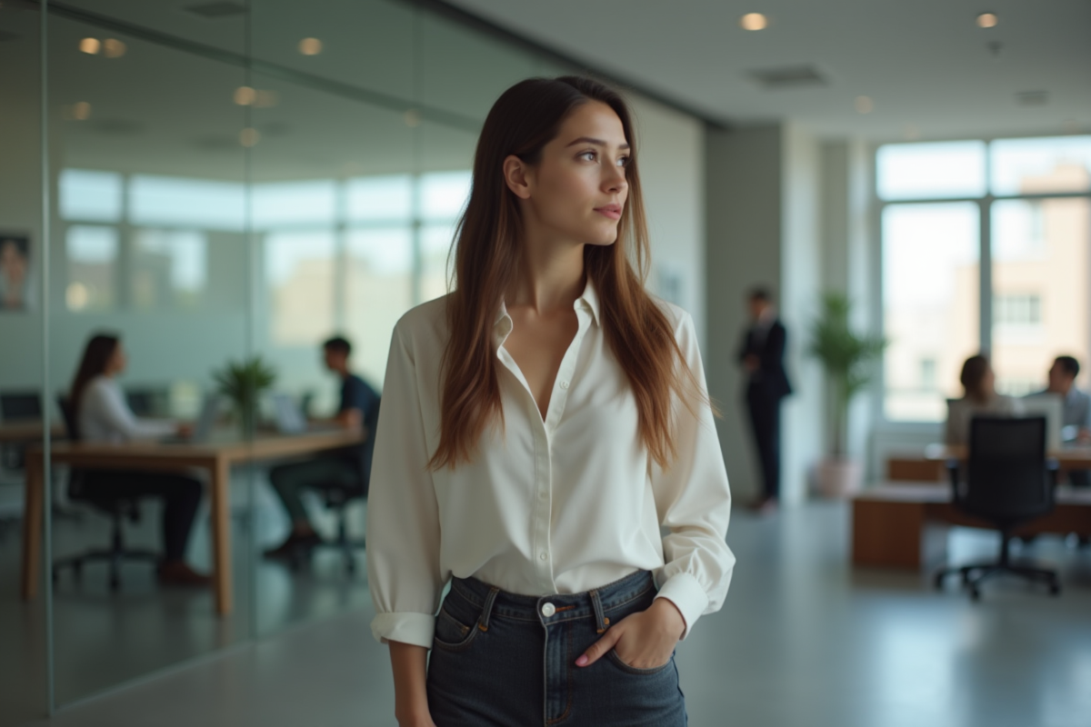 Jeune femme en open space regardant ses collègues