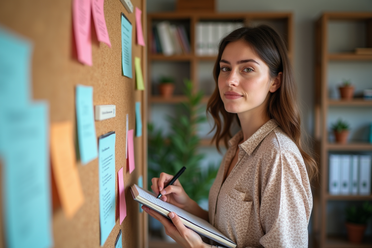 Jeune femme écrivant dans un carnet dans un espace de travail chaleureux