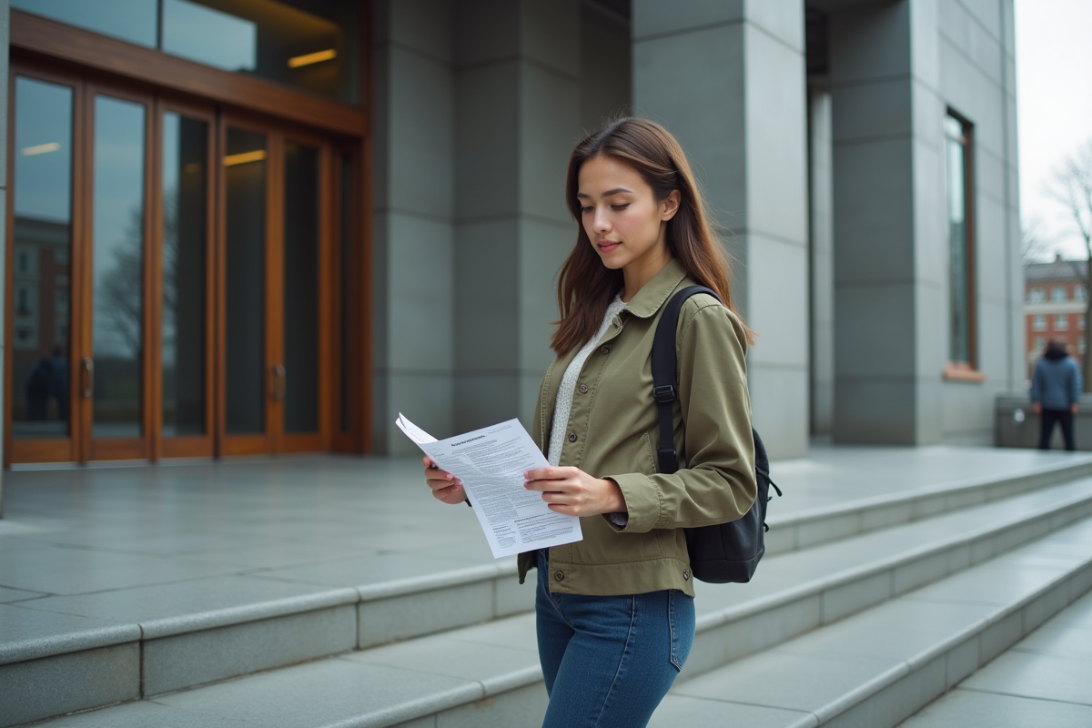 Jeune femme lisant une notice legale devant le tribunal