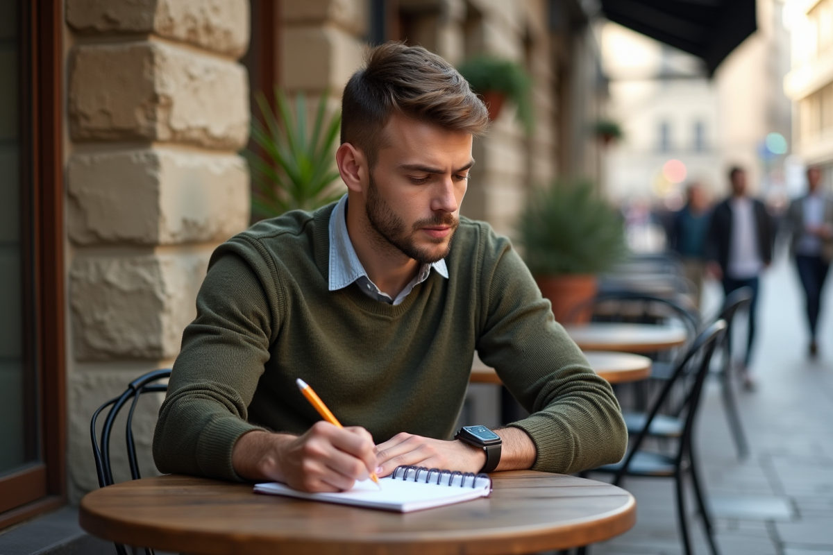 Jeune homme écrivant dans un café en plein air