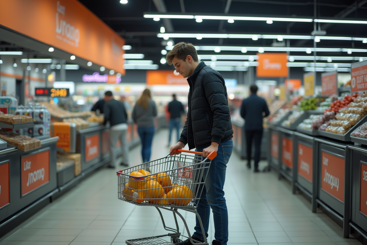 Jeune homme dépose un article dans son panier en hypermarche