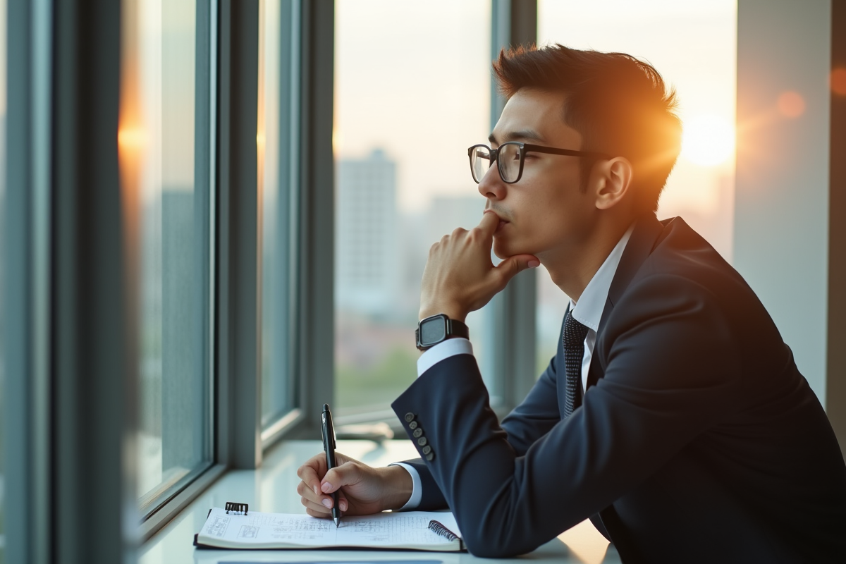 Jeune professionnel pensif près d'une fenêtre de bureau
