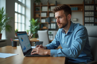 Jeune homme en bureau étudiant des graphiques SEO