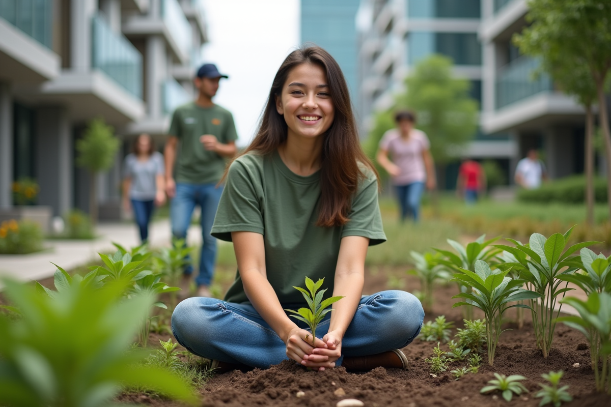 Jeune femme plantant un arbre dans un jardin urbain