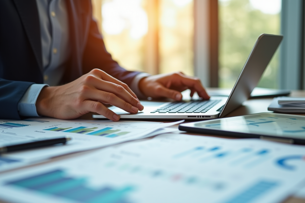 Mains tapant sur un ordinateur portable avec documents financiers
