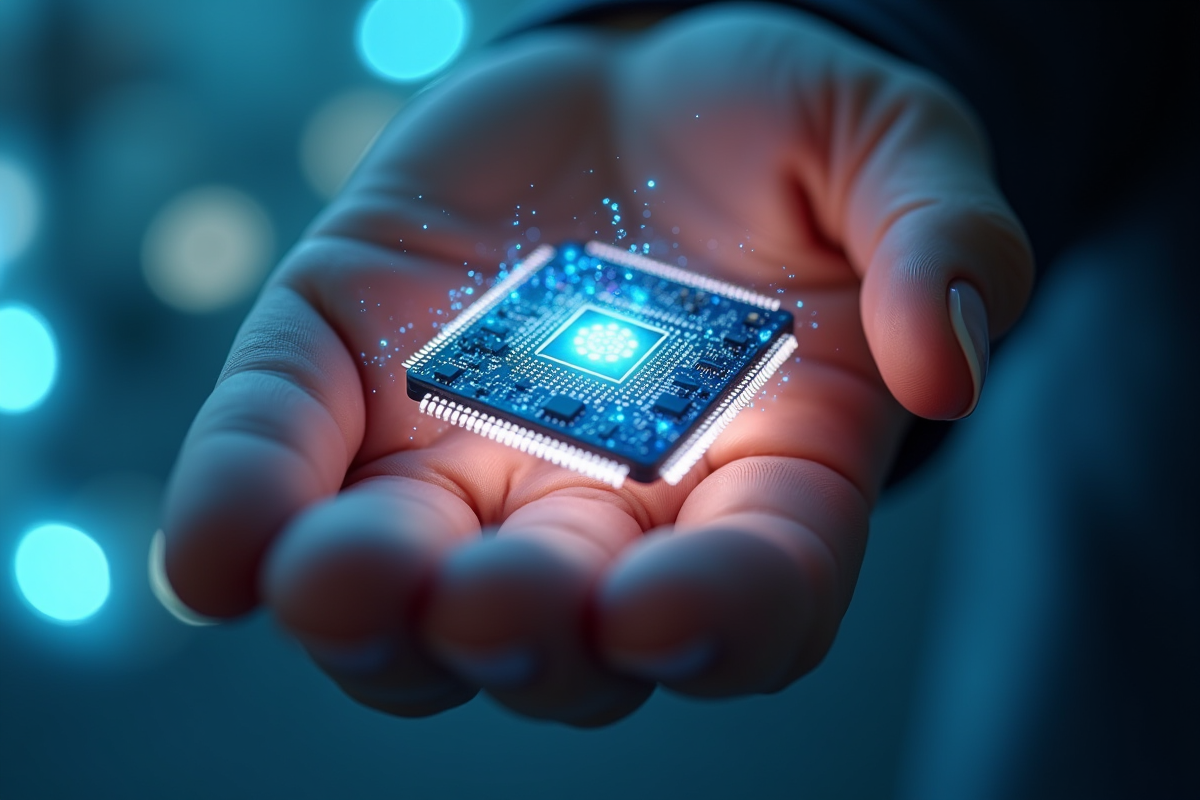 Main tenant un microchip lumineux avec circuit