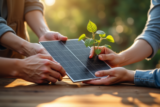 Trois mains tenant des objets durables sur une table en bois