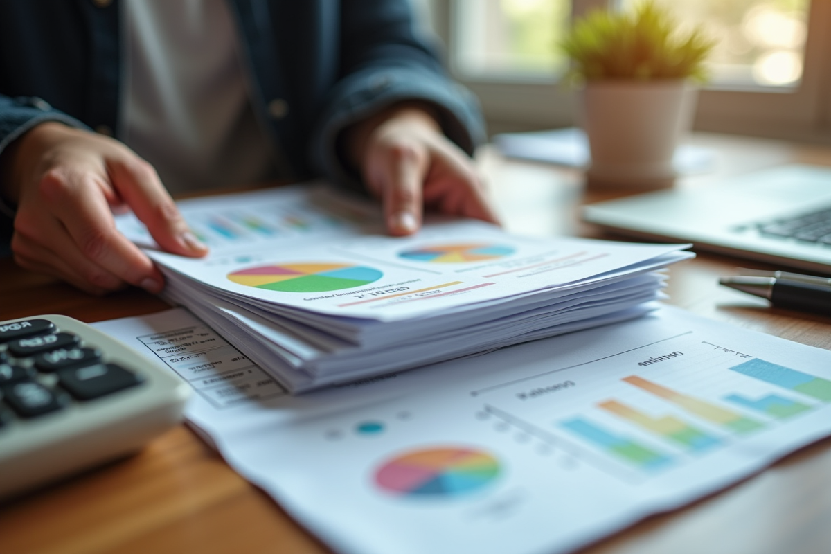 Mains tenant une pile d'affiches colorées sur un bureau bien éclairé