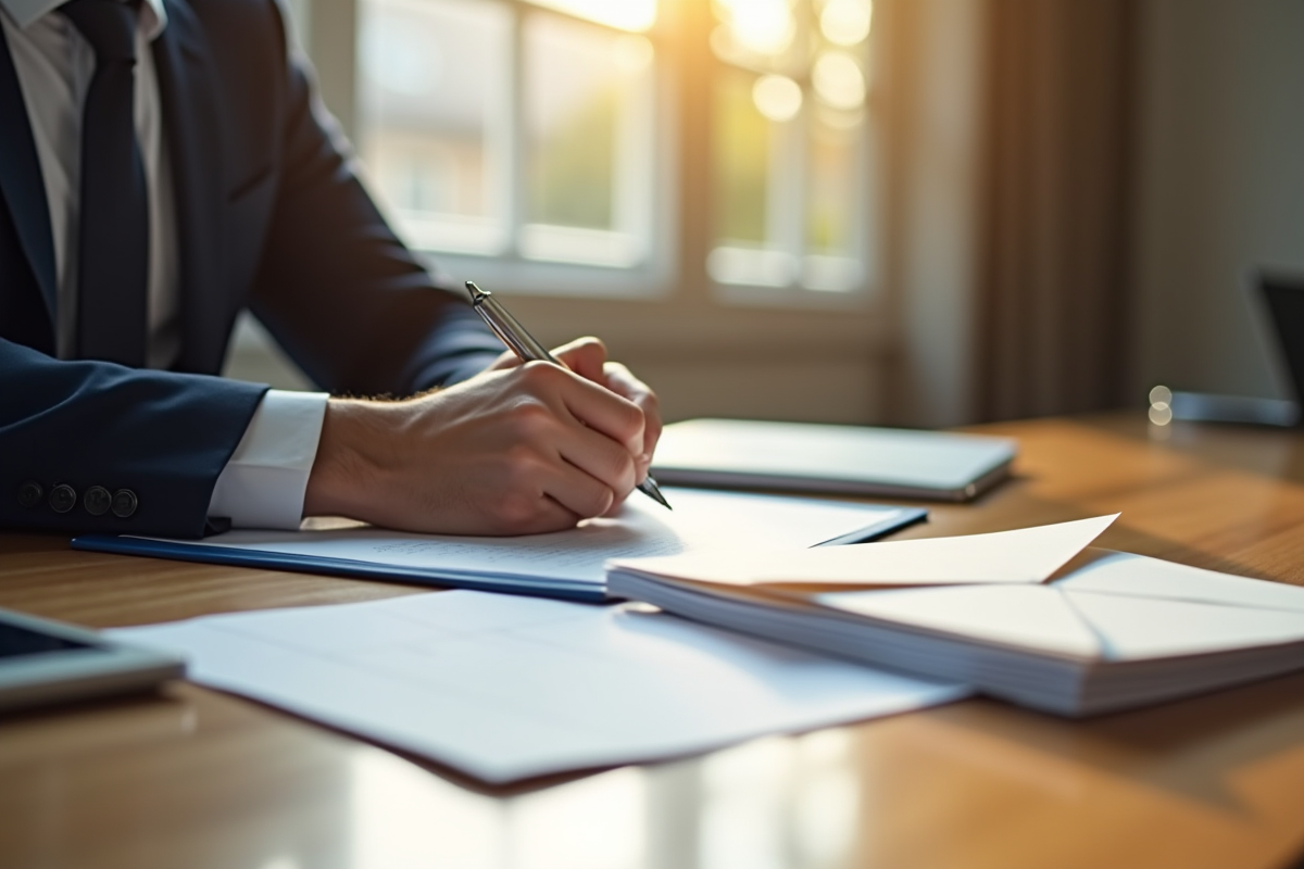 Personne écrivant une lettre formelle au bureau avec documents