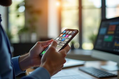 Personne tenant un smartphone avec icônes réseaux sociaux et billets