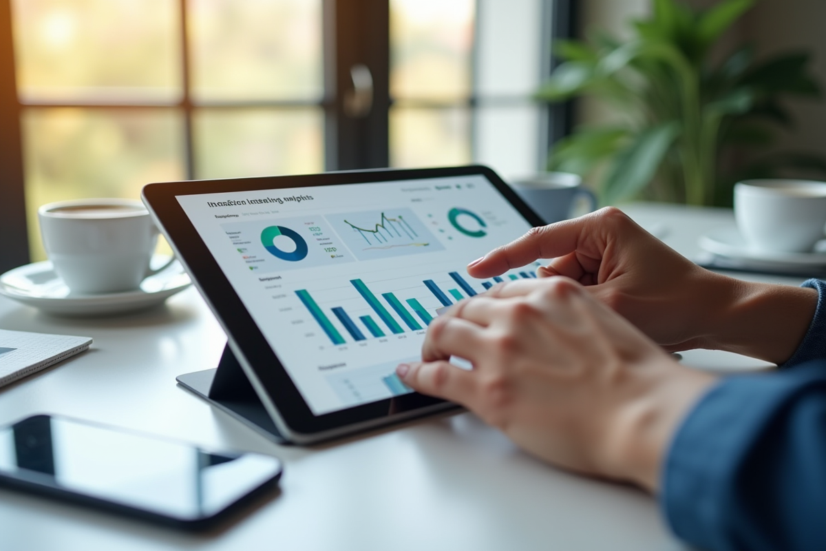 Main manipulant une tablette avec analytics marketing dans un bureau lumineux