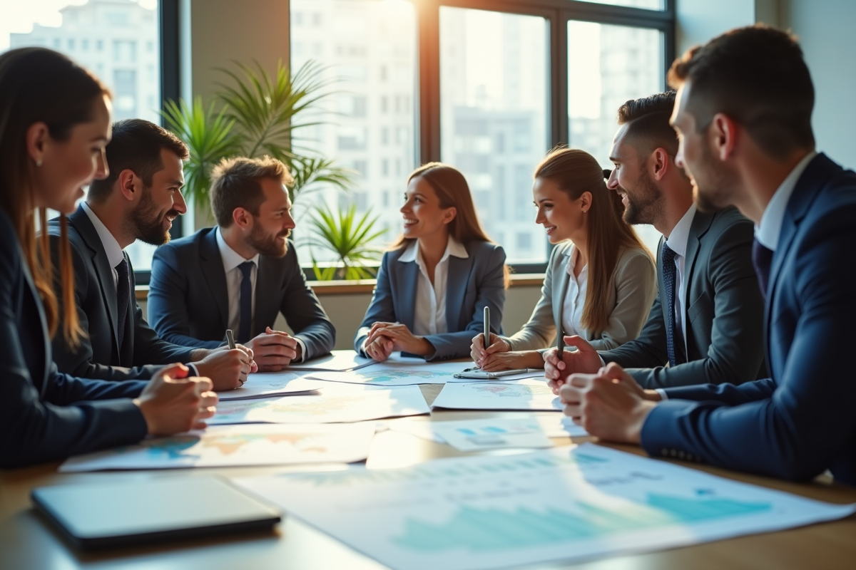 Groupe de professionnels du commerce international autour d'une table