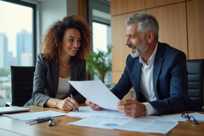Deux professionnels discutent de documents dans un bureau moderne