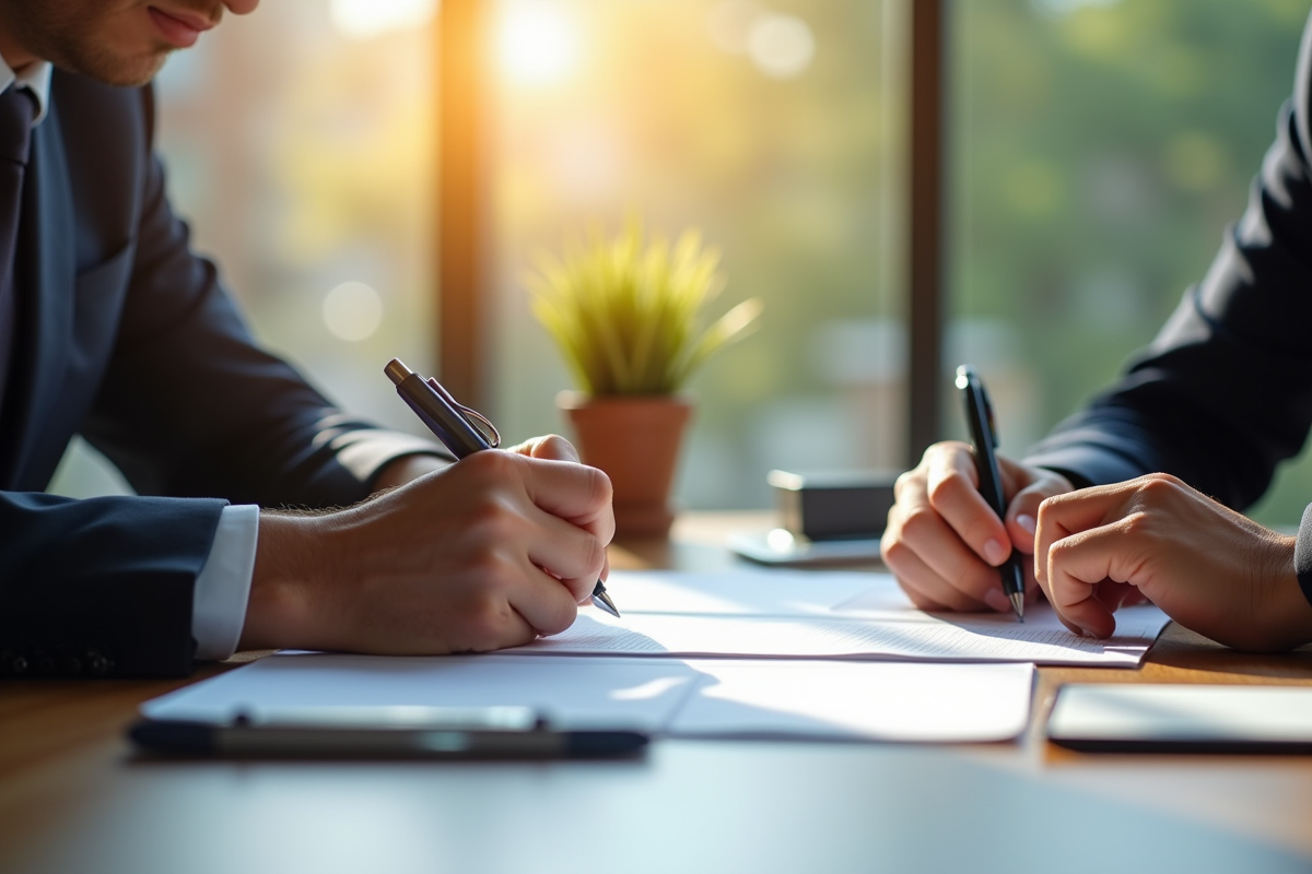 Deux professionnels d'affaires examinant des documents officiels