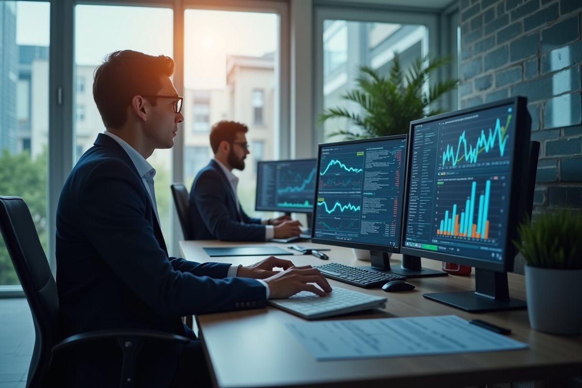 Deux professionnels en finance analysant des données numériques